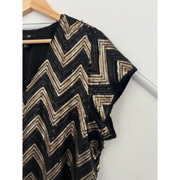 H&M Black Gold Sequined Mini Dress Women XL Glam Fairy Grunge Event Career - Picture 15 of 16